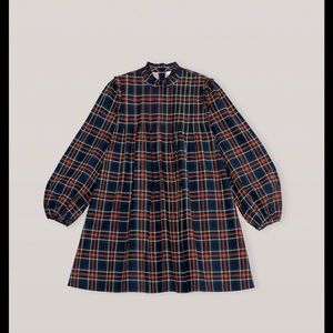 GANNI mini poplin dress in red and navy blue plaid pattern size EU 38 / US L